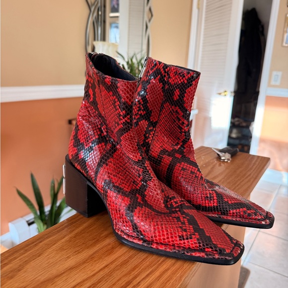 T by Alexander Wang Red and Black Snake Print Ankle Boots - Picture 3 of 7